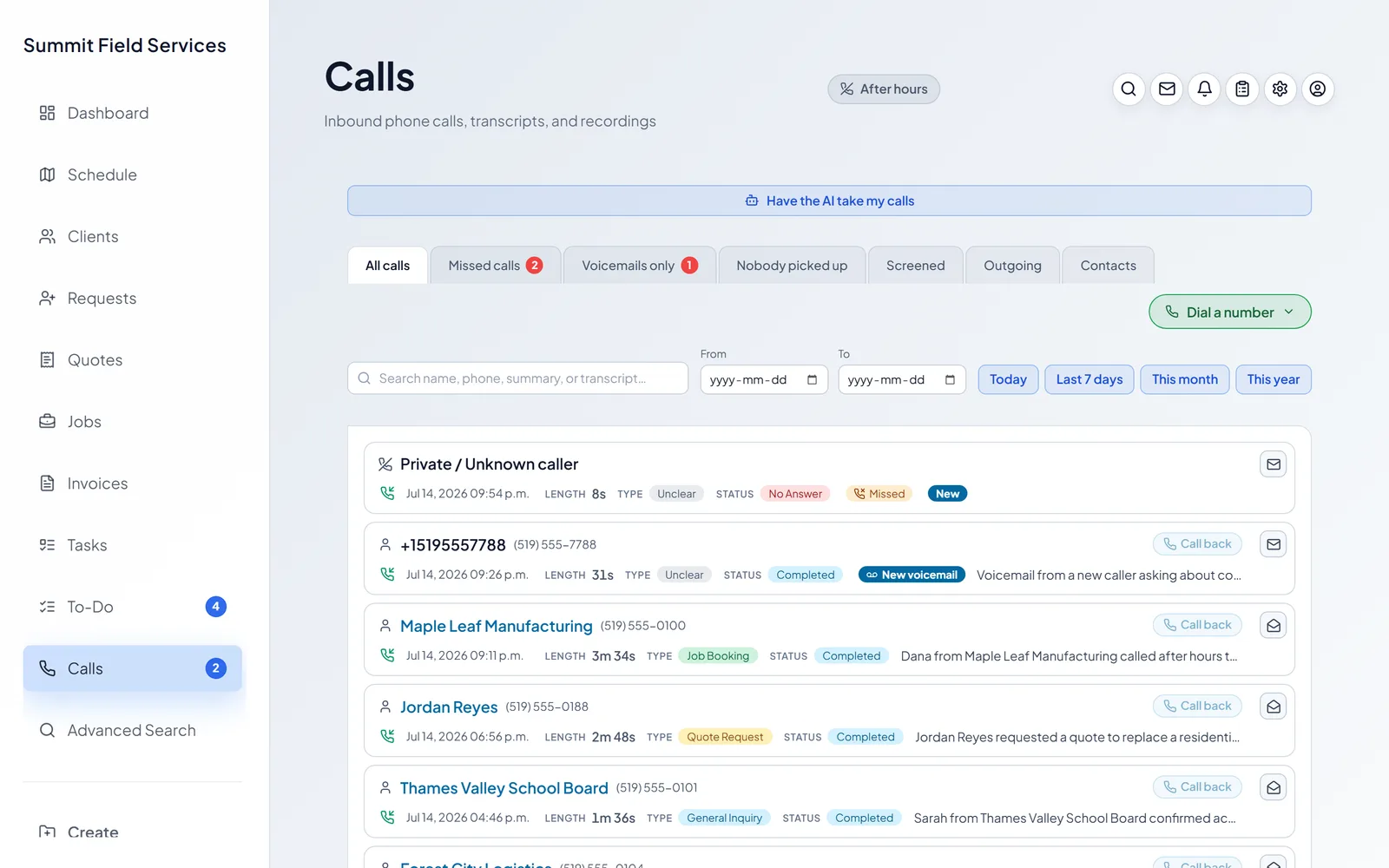 The AI receptionist's call log, showing intents, transcripts, and voicemail