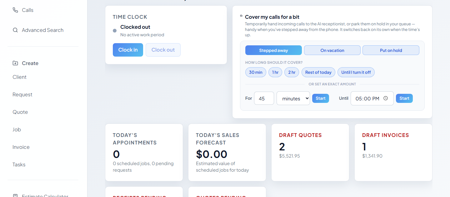 The dashboard's call-coverage controls, handing calls to the AI receptionist
