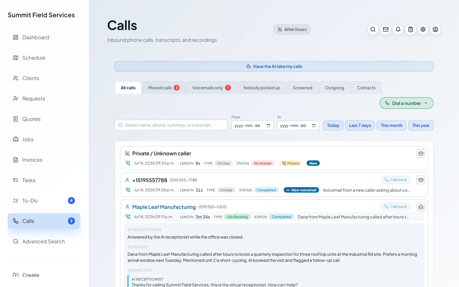 A call detail screen showing the auto-transcription, AI summary, and diarized transcript