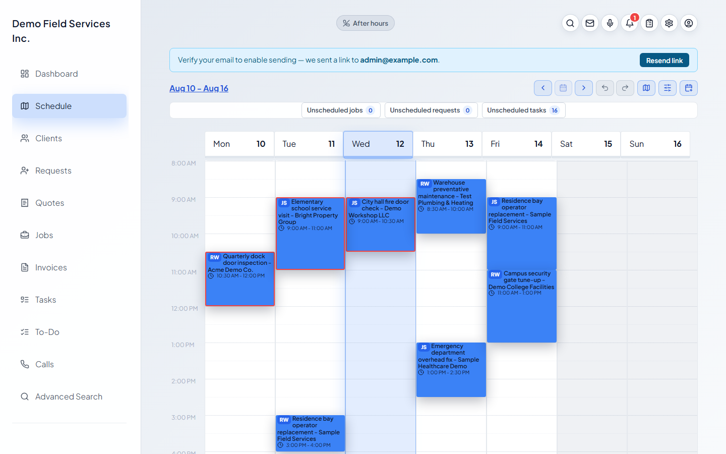 The jobs list showing real schedules, statuses, and technician assignment