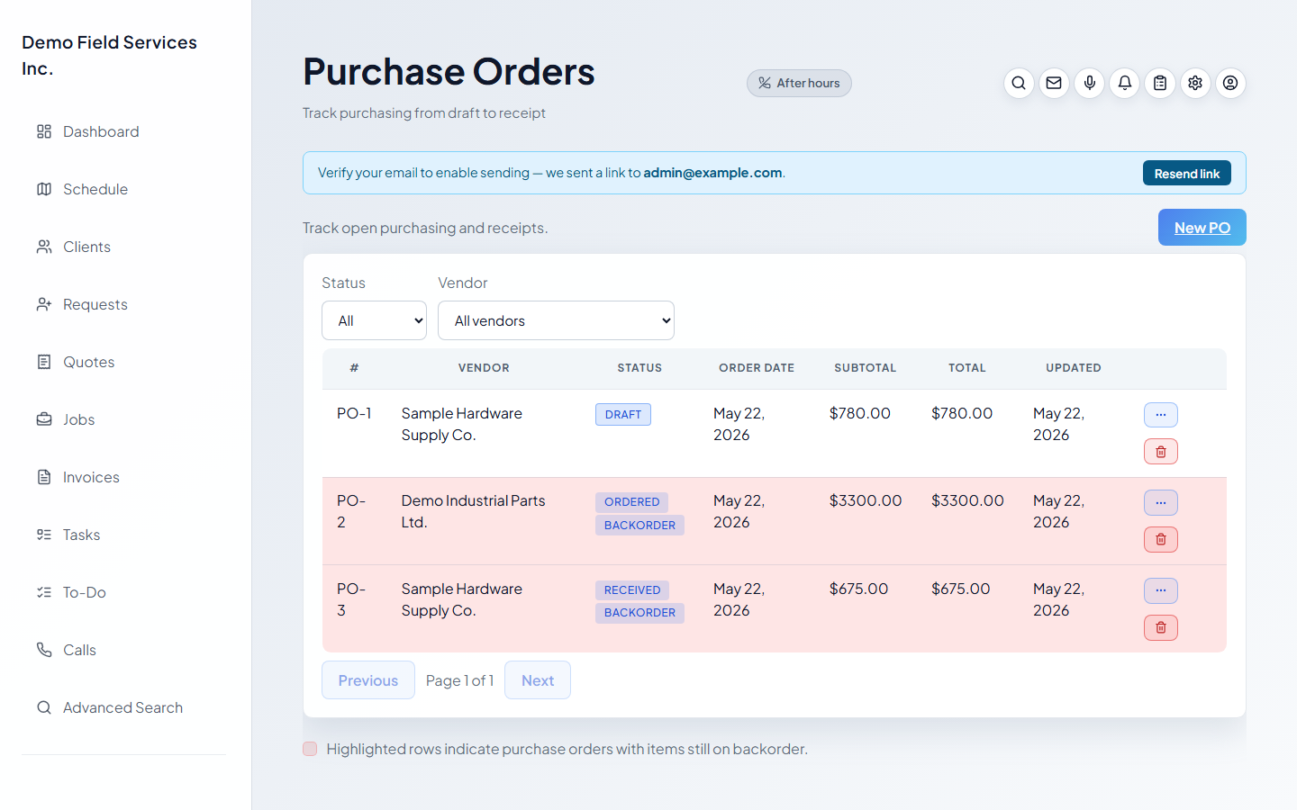 Purchase orders with real vendor pricing and backorder flags