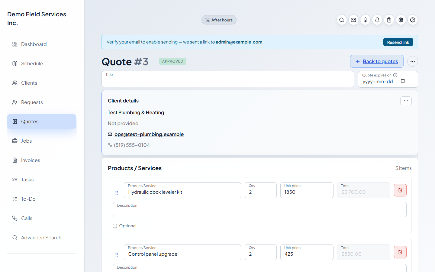 An approved quote with line items, pricing, and deposit controls
