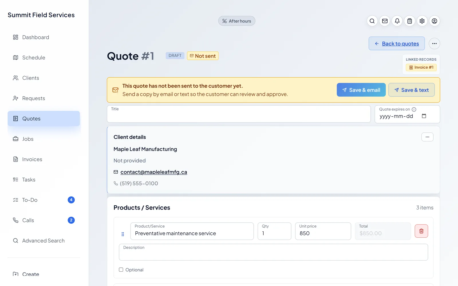 An approved quote with line items, pricing, and deposit controls