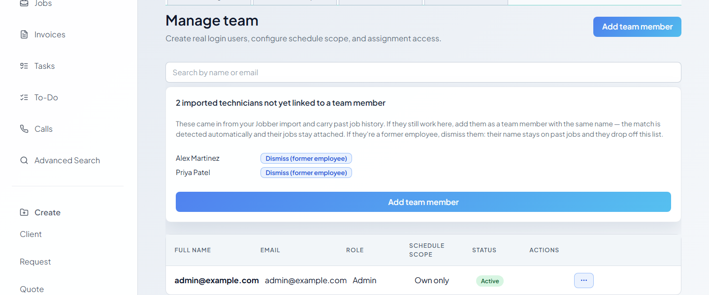The team roster with roles and schedule scope